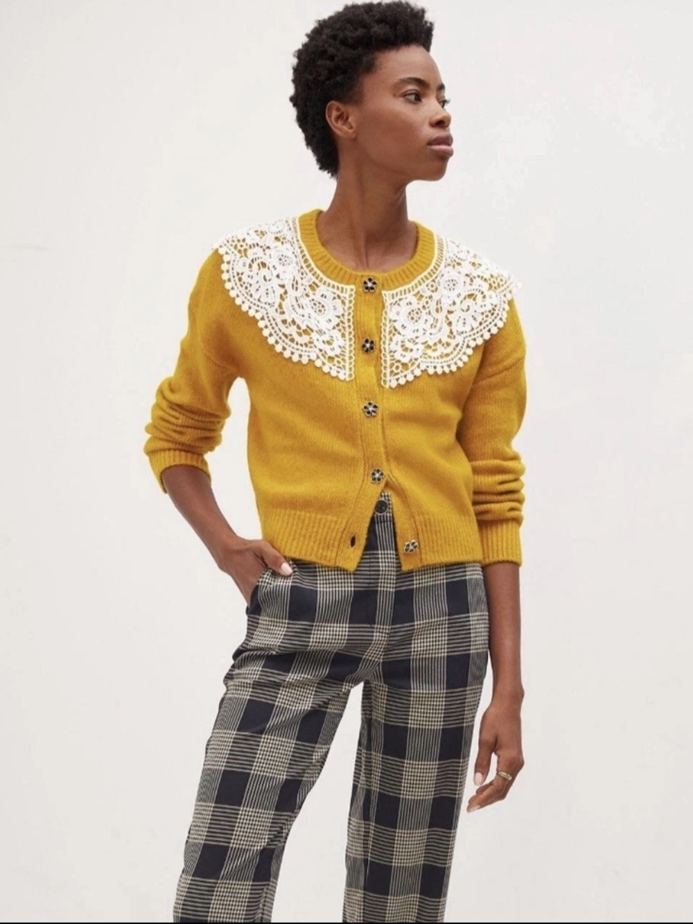 RARE Anthropologie Maeve Mustard Yellow Lace Collar Cardigan Sweater Size M
